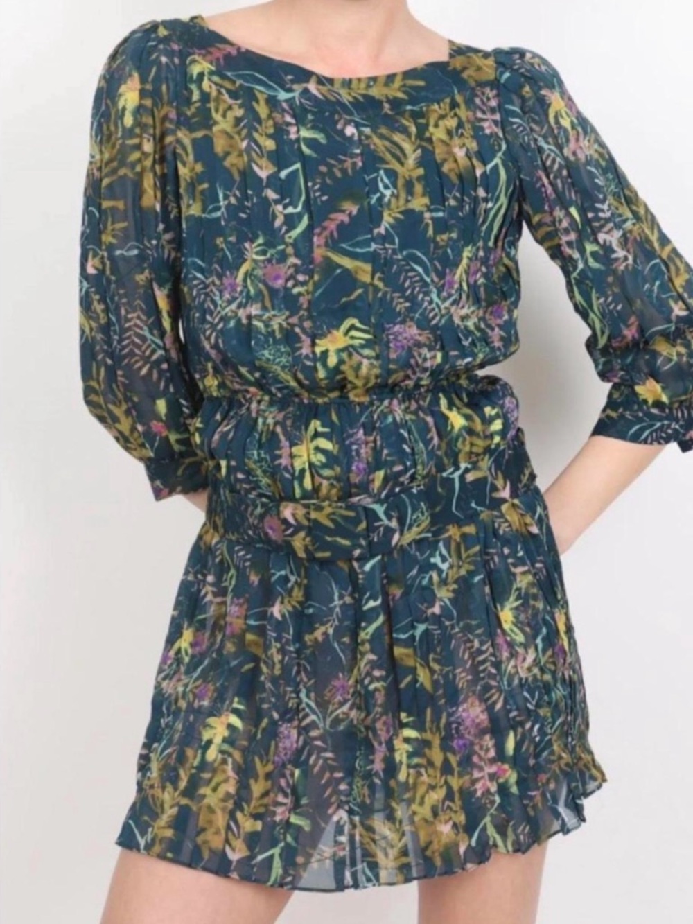 Diane Von Furstenberg Teal Floral Pleated Mini Dress